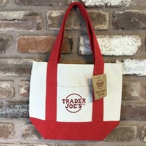 TRADER JOES Red & Natural Mini Canvas Tote Bag NEW